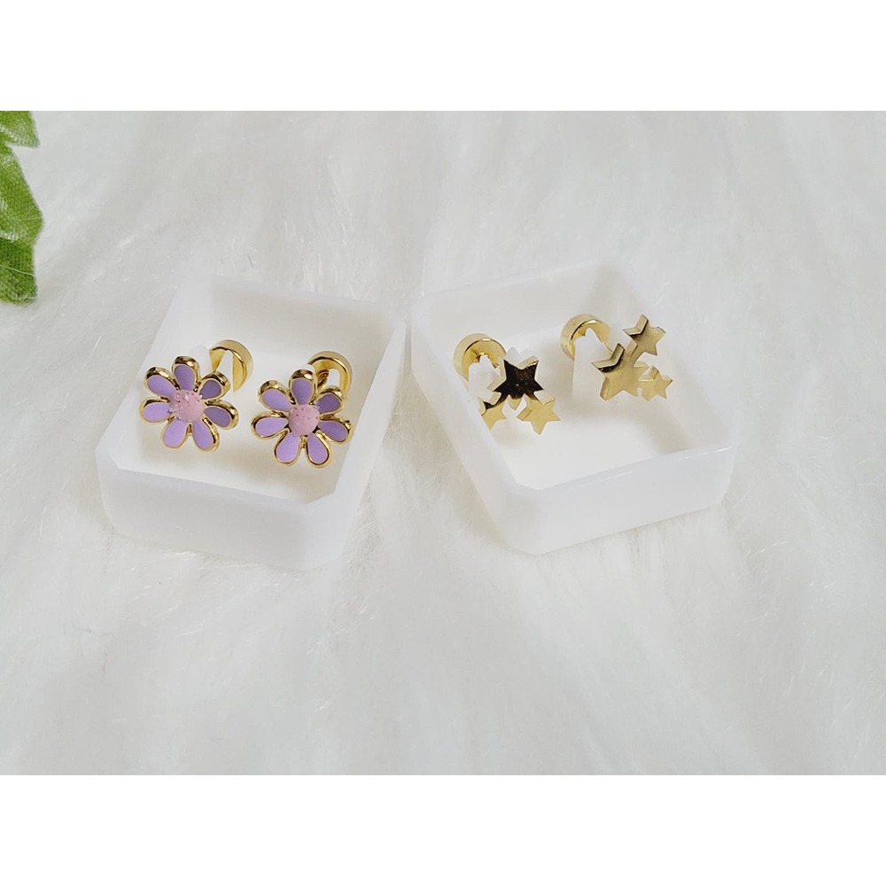 2 Sets of Star and Purple Flower Style Stainless Steel Earrings  02034